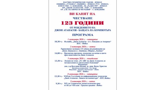 Анонс честване на 123 години от рождението на Джон Атанасов